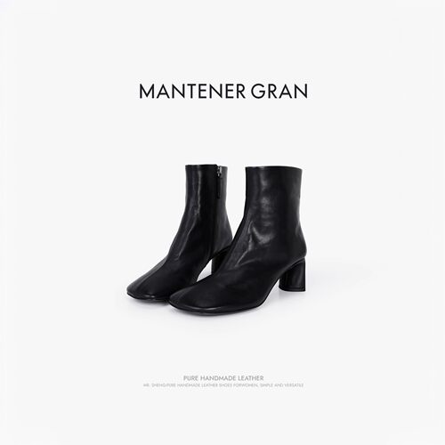 MantenerGran秋冬黑色靴子女粗跟高跟短靴真皮方头瘦瘦靴 MG女鞋