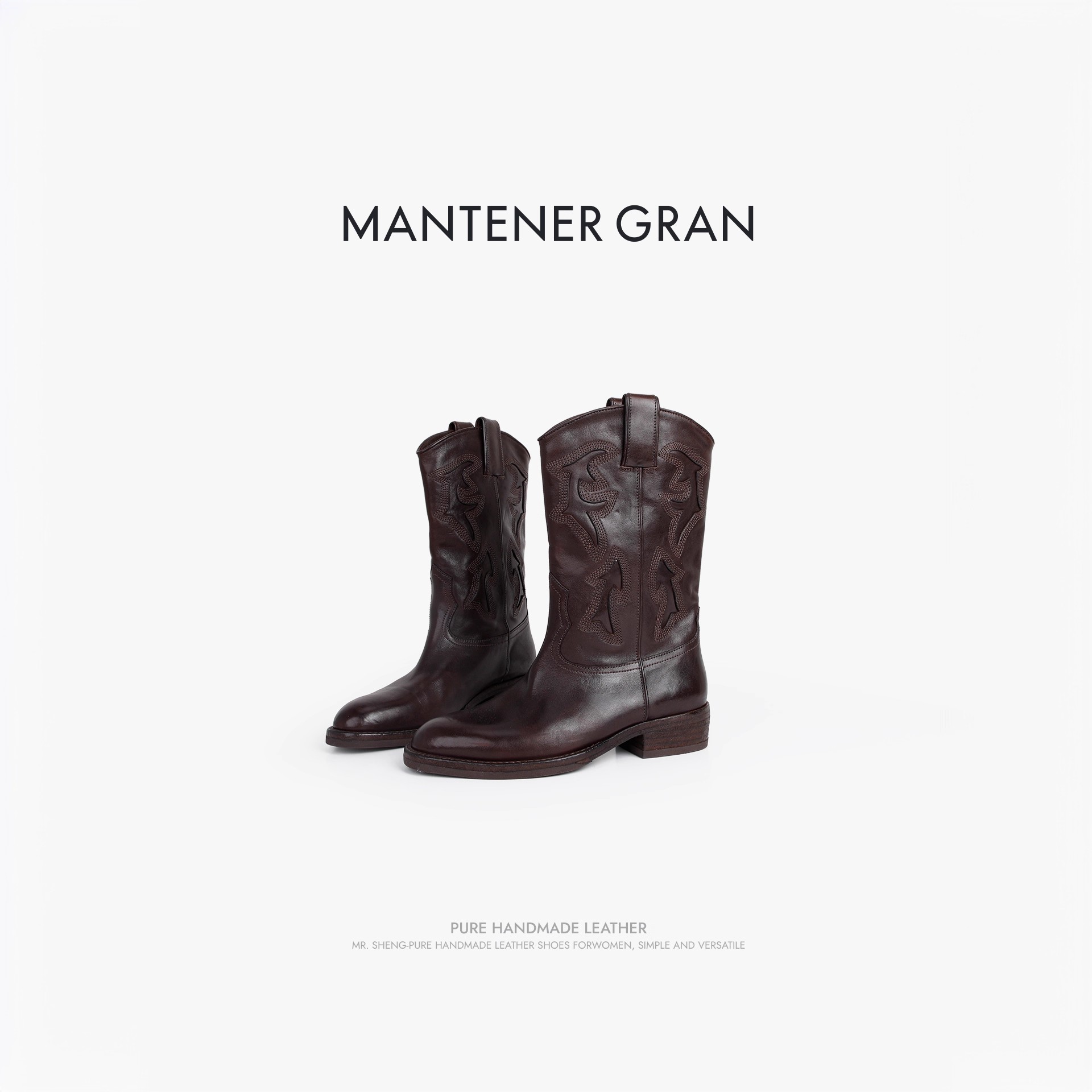 MantenerGran水洗牛皮V口尖头西部靴女真皮中筒靴子骑士靴MG女鞋