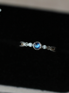 天然斯里兰卡月光石戒指925纯银电镀18K金 日韩女指环简约饰品