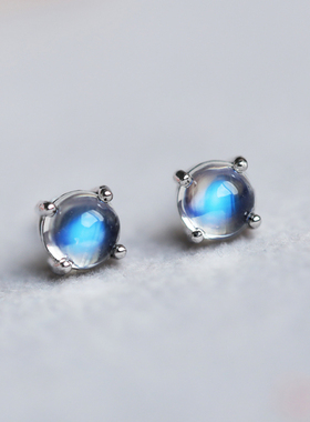 天然蓝月光石纯银螺丝耳钉 免摘圆形耳骨钉 百搭简约小巧清新耳饰