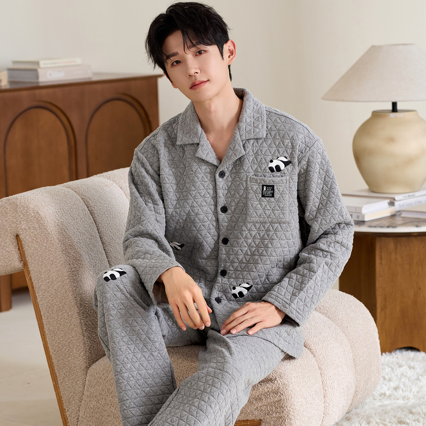 男士长袖长裤睡衣280克纯棉夹层保暖冬季新款家居服两件套男款