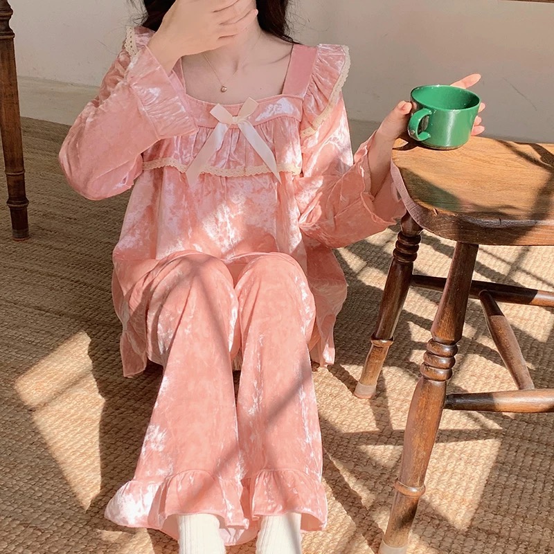 法式宫廷风秋冬季金丝绒花边蝴蝶结甜美公主长袖长裤家居服套装