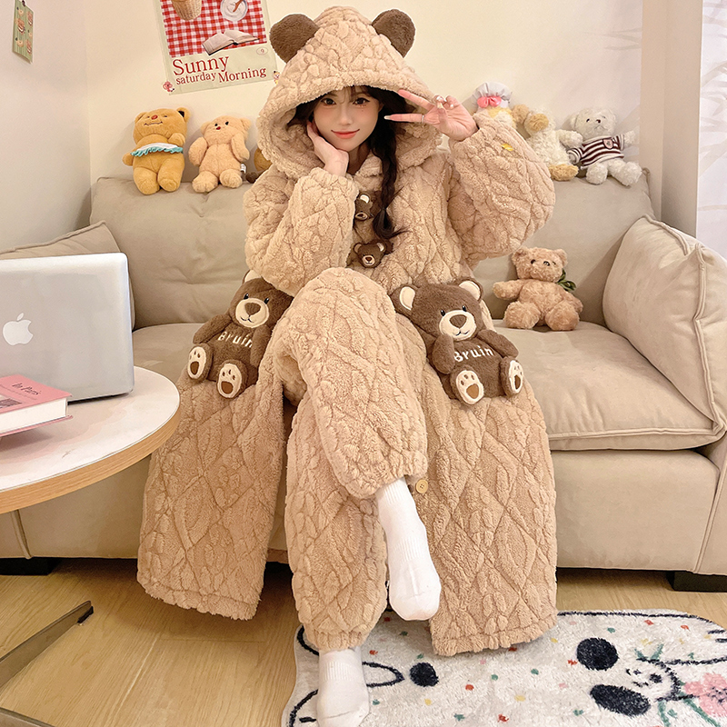 秋冬三层夹棉加厚睡衣女士睡袍套装家居服可外穿两件套保暖