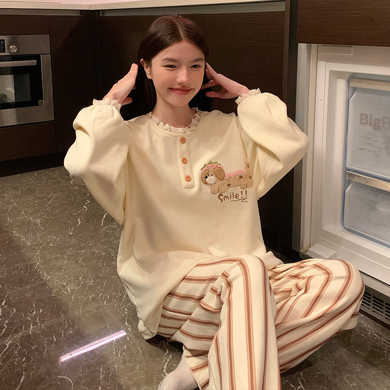 冬季新款德绒圆领扣睡衣套装