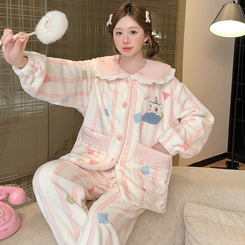 胖MM冬季加厚法兰绒娃娃领长袖开衫家居服套装加大码珊瑚绒睡衣女