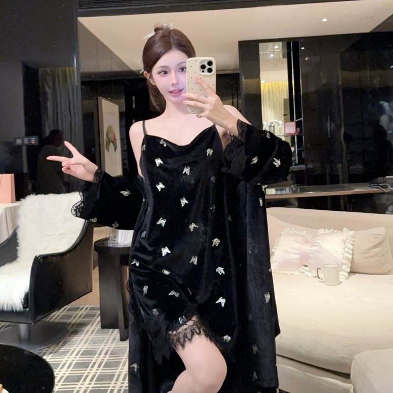 秋冬季金丝绒固定胸垫 睡衣女性感睡袍女蕾丝烫银蝴蝶丝绒