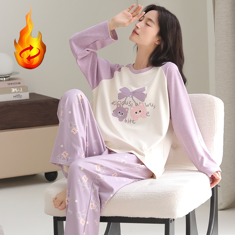 新款冬季长袖套头保暖女睡衣薄款套装家居服薄绒蚕丝羊毛绒秋德绒