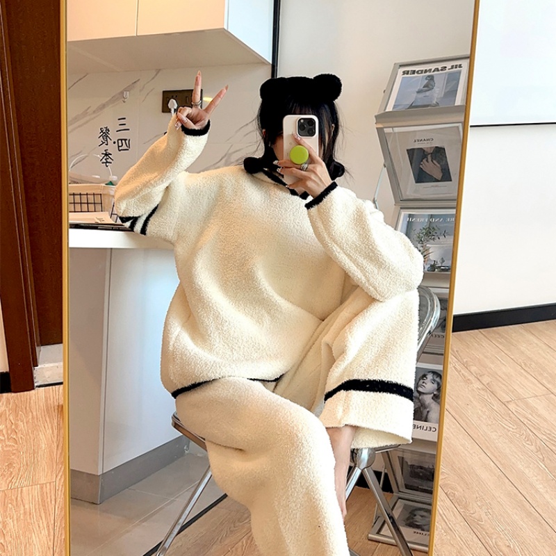 秋冬季睡衣女半边绒保暖条纹软绵绵连帽加厚家居服套装韩版甜美