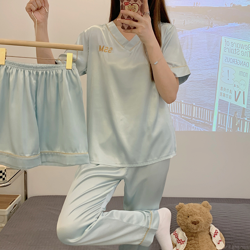 短袖睡衣女冰丝居家服V领长裤蓝色夏季薄款2025年新款三件套装