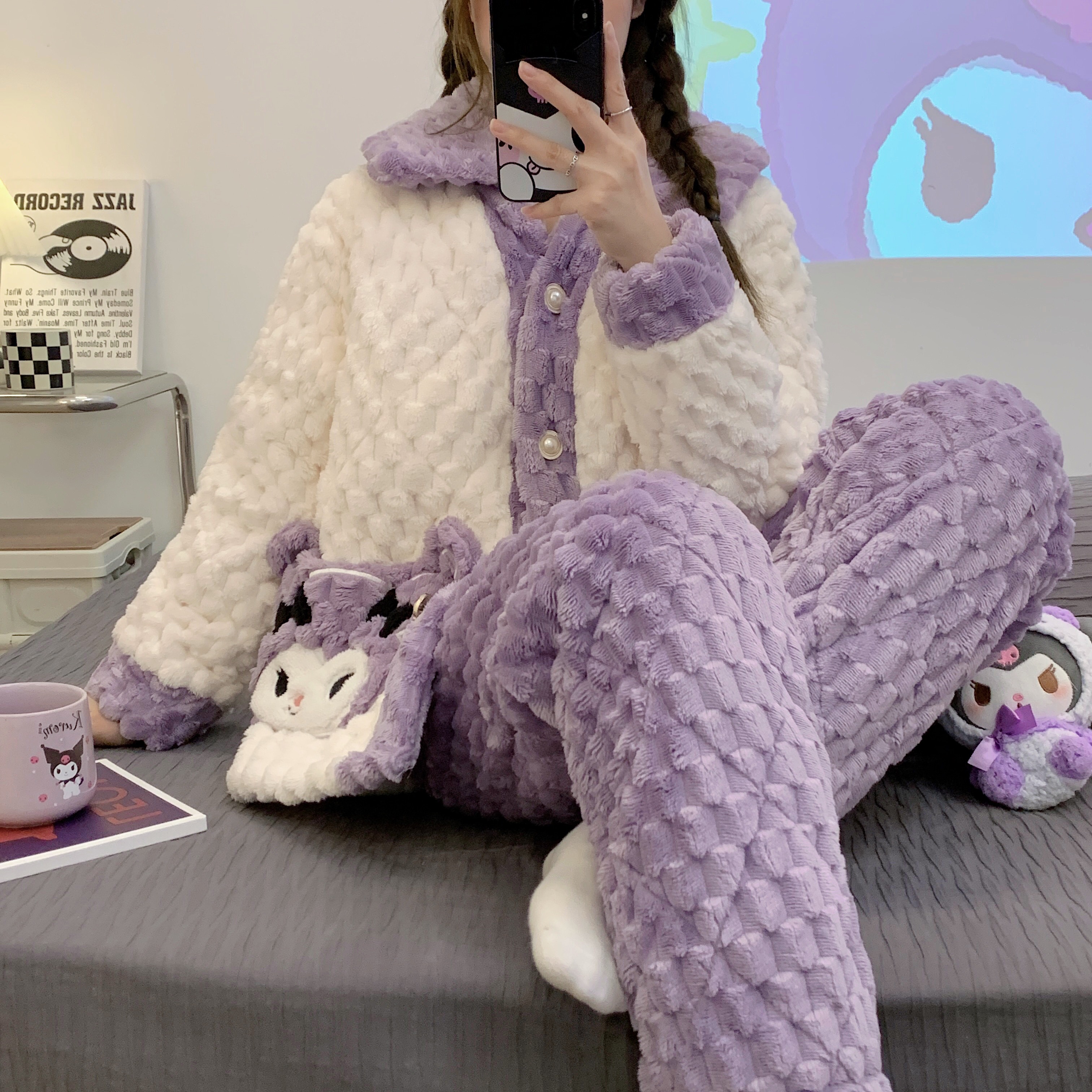 冬季睡衣女提花绒绒夹棉三层夹棉保暖加厚家居服睡衣套装