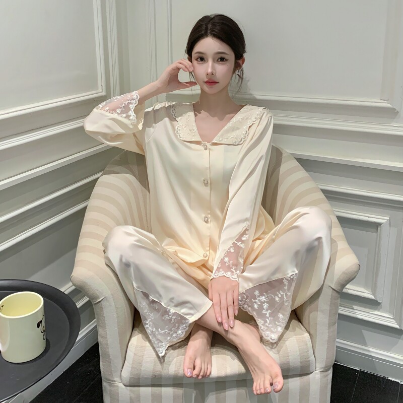 法式睡衣女春季长袖蕾丝冰丝翻领宫廷风高级感家居服套装两件套