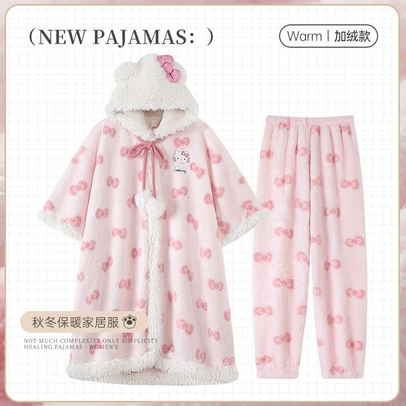 新款凯蒂猫斗篷睡袍2025网红睡衣少女秋冬季加厚长款家居服可外穿