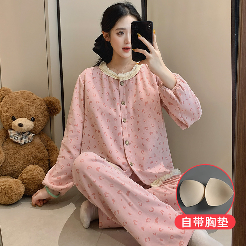 卡通可爱风粉色豹纹冬季蚕丝羊绒开衫睡衣女带胸垫家居服两件套
