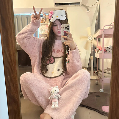 半边绒睡衣女款秋冬季珊瑚绒法兰绒加厚加绒保暖hellokitty家居服