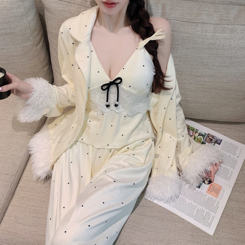 加厚海岛绒毛领睡衣性感冬季吊带胸垫性感三件套保暖毛领家居服