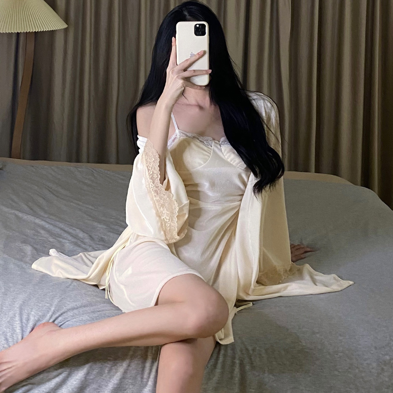 2025秋冬金丝绒性感镂空蕾丝抽绳吊带胸垫睡裙诱惑情趣两件套