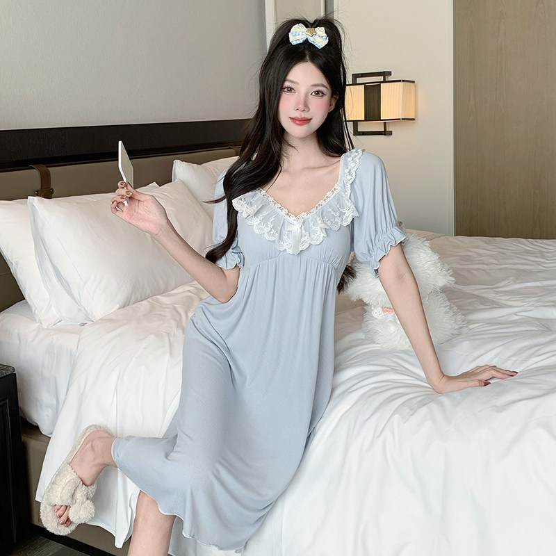 短袖睡裙女夏季带胸垫纯棉莫代尔长款甜美荷叶边法式宫廷风睡衣裙
