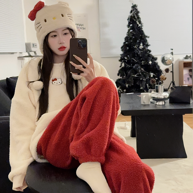柔软冬季卡通甜美软绵绵米粒绒加厚保暧家居服送帽子家居服套装