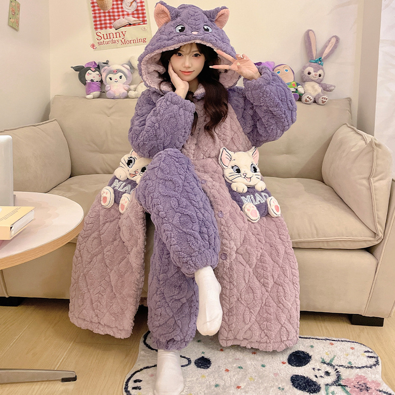 秋冬三层夹棉加厚睡衣女士睡袍套装家居服可外穿两件套保暖长袍套