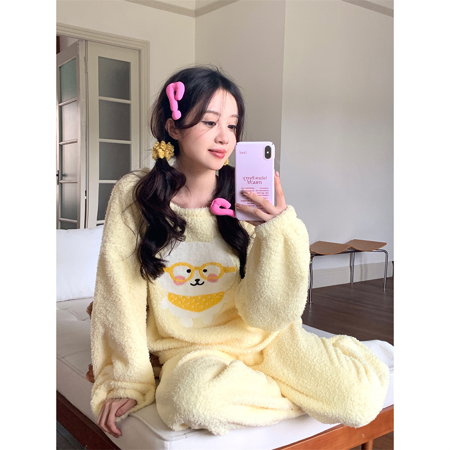 眼镜小熊法兰绒秋冬季加绒珊瑚绒睡衣女家居服保暖新款两件套