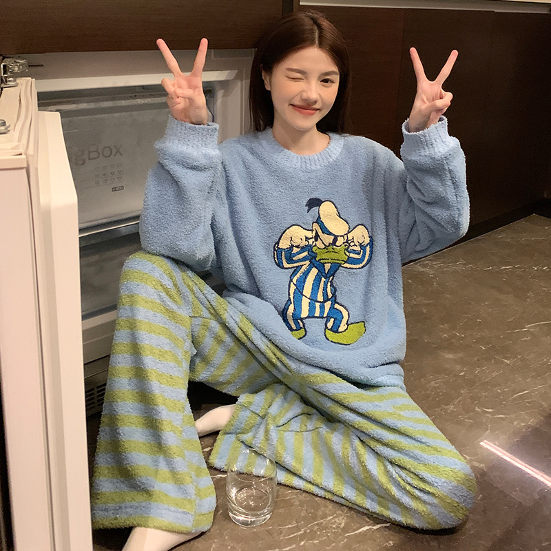 珊瑚绒睡衣女秋冬卡通加厚保暖可外穿家居服套装软绵绵长毛绒