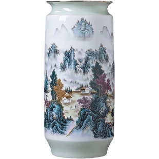 景德镇陶瓷器山水落地花瓶字画卷轴装饰箭筒现代中式客厅插花摆件