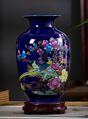 景德镇陶瓷器蓝色锦鸡小花瓶中式家居客厅装饰品工艺品博古架摆件