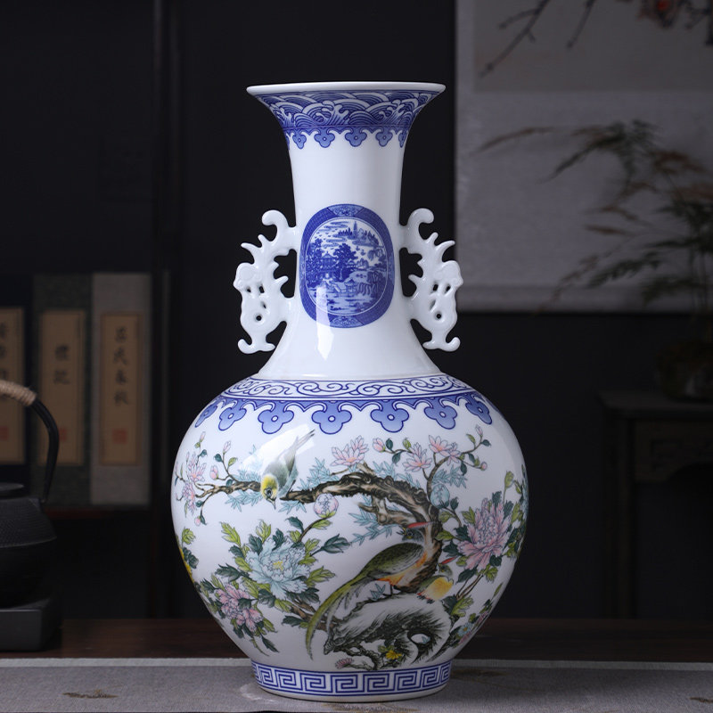 景德镇陶瓷器青花粉彩双耳大花瓶落地中式客厅插花家居装饰品摆件