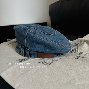 复古牛仔小众设计贝雷帽女潮牌经典 水洗做旧画家帽百搭蓓蕾帽 个性