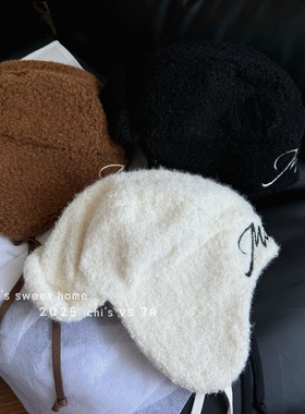 复古绑带毛绒纯色加厚雷锋帽