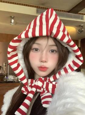 圣诞节红色条纹针织帽