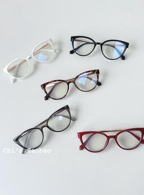 复古猫眼护眼防蓝光眼镜女韩版高级感显脸小可配近视架黑色平光镜
