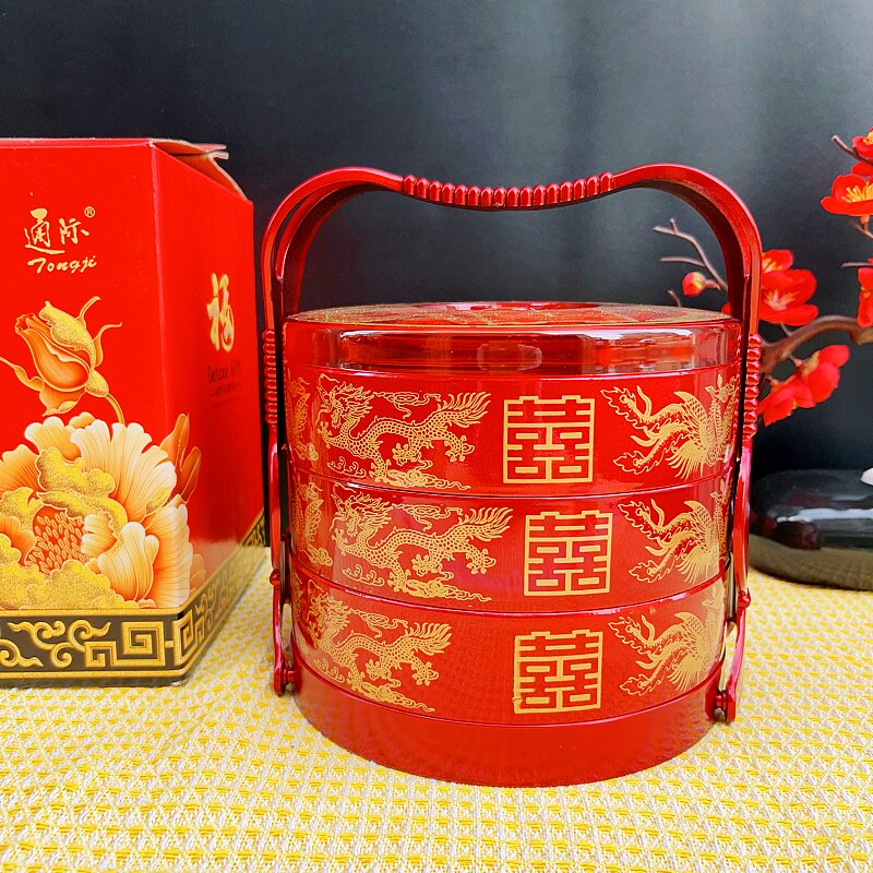 结婚庆用品圆形两层三层手提喜糖果盒全盒饺子盘糕点食盒陪嫁嫁妆