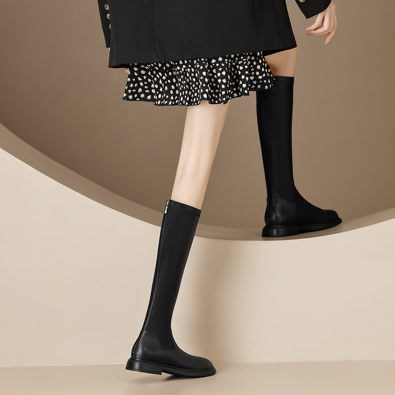 正品真皮轻奢极简~高筒弹力瘦瘦靴女秋冬骑士靴长筒靴洋气百搭