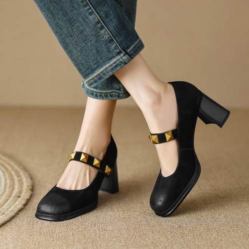 真皮头层牛皮法式复古方头粗跟高跟鞋铆钉浅口玛丽珍单鞋女2025