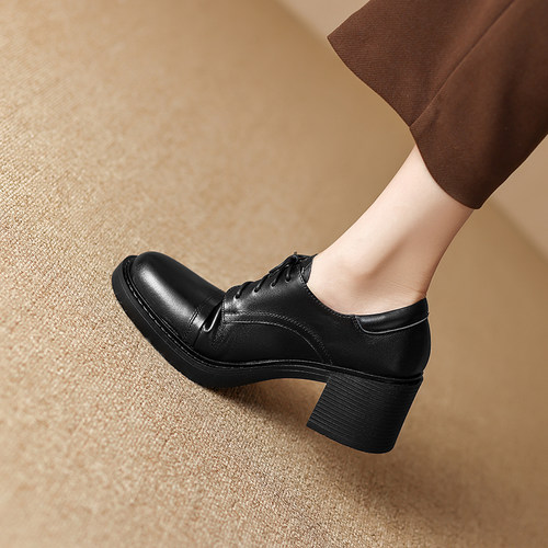 正品真皮厚底粗跟英伦风小皮鞋系带女2025春新款黑色高跟单鞋