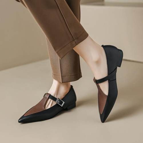 真皮英伦风复古拼色尖头小皮鞋百搭休闲平底丁字带玛丽珍单鞋女夏