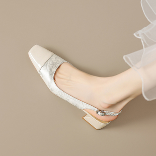 中粗跟包头凉鞋 真皮法式 子方头浅口后空单鞋 淑女鞋 女夏 复古新中式