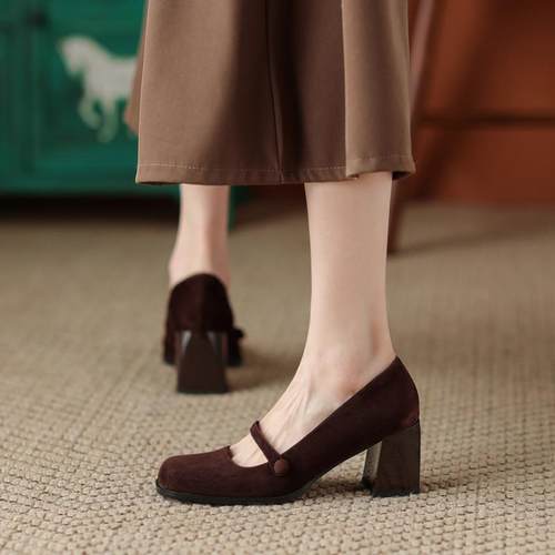 真皮磨砂方头玛丽珍鞋2025春秋新款粗跟高跟鞋女法式复古浅口单鞋