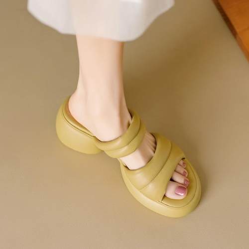 真皮轻便舒适小个子厚底粗跟高跟露趾凉拖鞋时尚外穿一字半托女