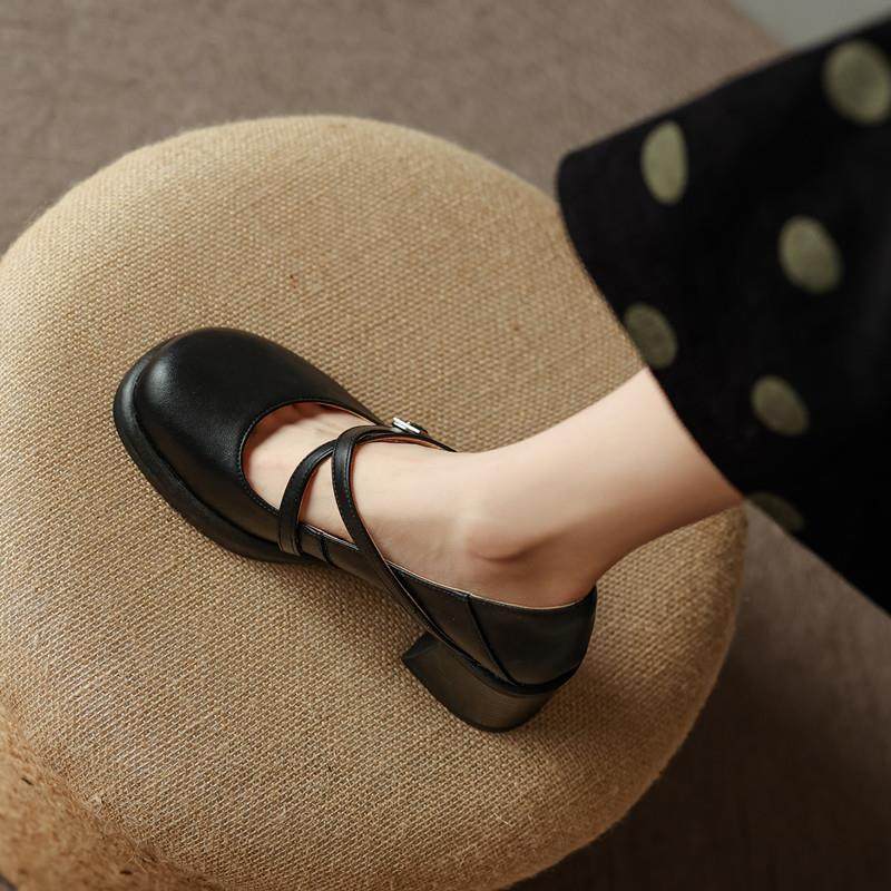 真皮文艺复古交叉带圆头玛丽珍单鞋百搭粗跟高跟鞋厚底jk小皮鞋女