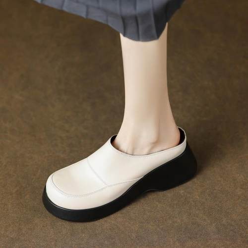 真皮简约休闲厚底松糕底乐福鞋2025夏季百搭复古外穿包头凉拖鞋女