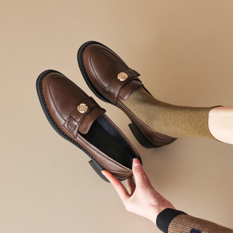 真皮英伦风复古山茶花懒人一脚蹬乐福鞋百搭粗跟小皮鞋深口单鞋女