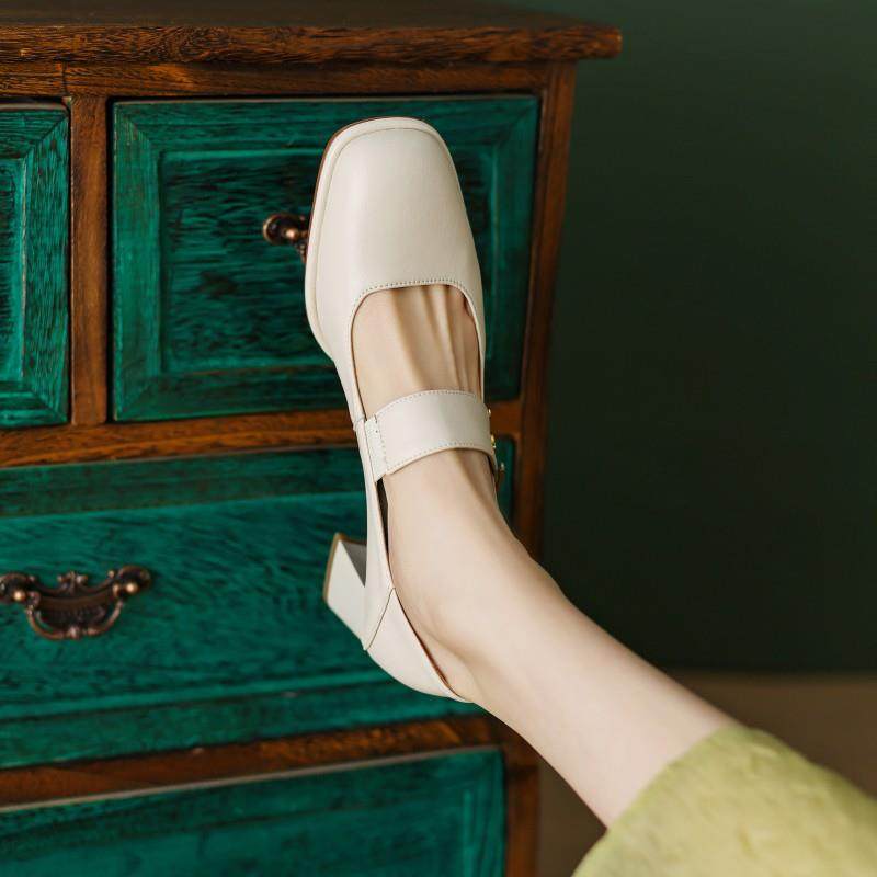 真皮法式白色玛丽珍小皮鞋2025夏季新款单鞋女百搭粗跟高跟鞋百搭