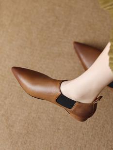 森女系复古擦色深口尖头单鞋 真皮 松紧及裸靴百搭英伦风平底小皮鞋