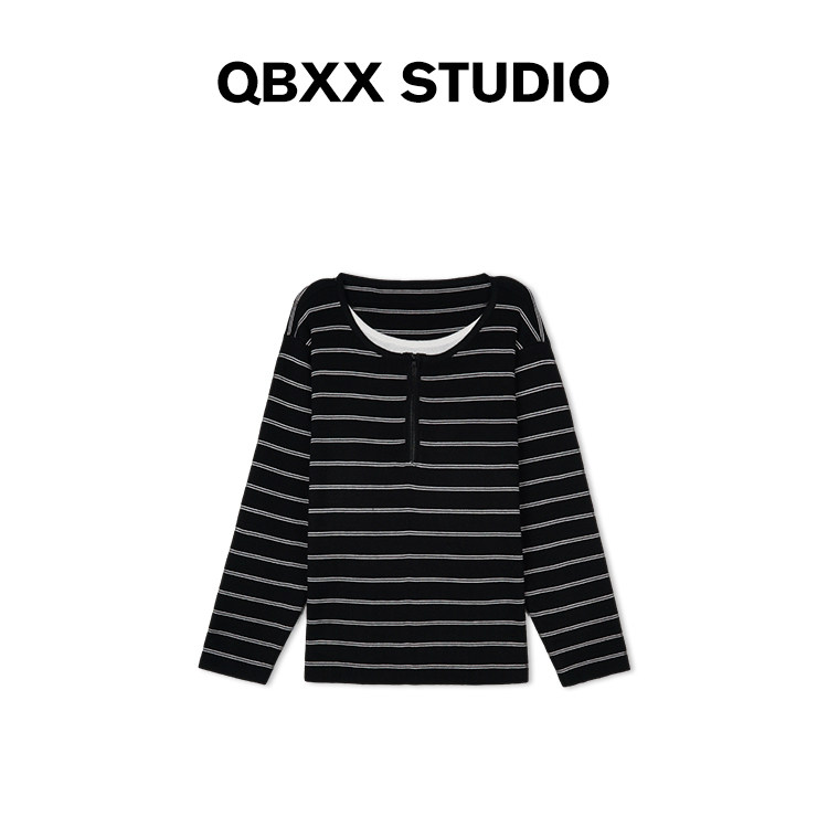 铅笔小鑫大码女装 休闲宽松吸睛叠搭假两件条纹针织长袖T恤,女装/女士精品,大码内搭,淘宝优惠券,粉丝福利购,淘宝优惠卷