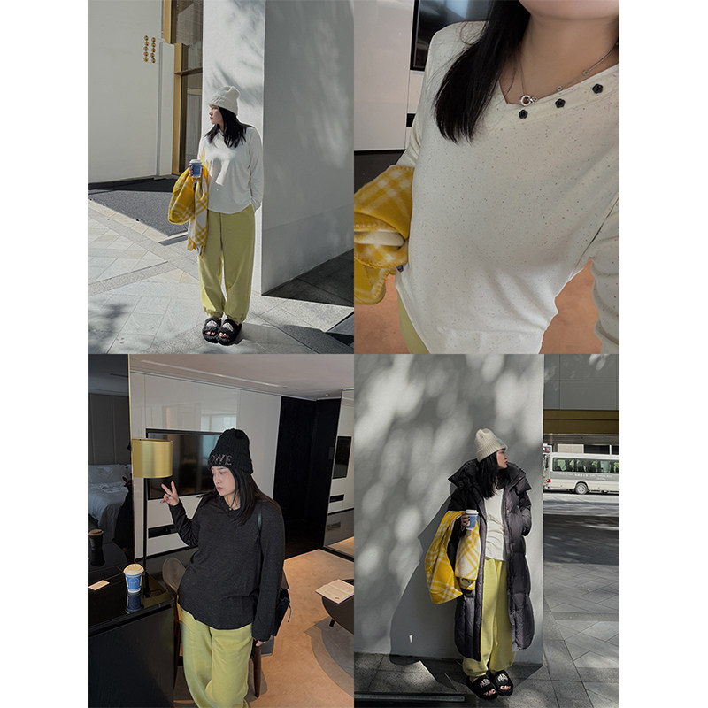 铅笔小鑫大码女装 软糯亲肤 修身显瘦 V领纽扣打底衫上衣胖mm显瘦