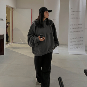 铅笔小鑫大码女装简约宽松刺绣连帽卫衣胖MM秋冬休闲百搭长袖上衣