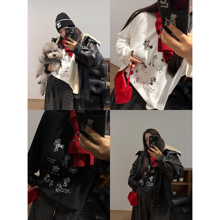 铅笔小鑫大码女装 亲肤绒感趣味卡通印花显瘦长袖T恤,女装/女士精品,大码内搭,淘宝优惠券,粉丝福利购,淘宝优惠卷