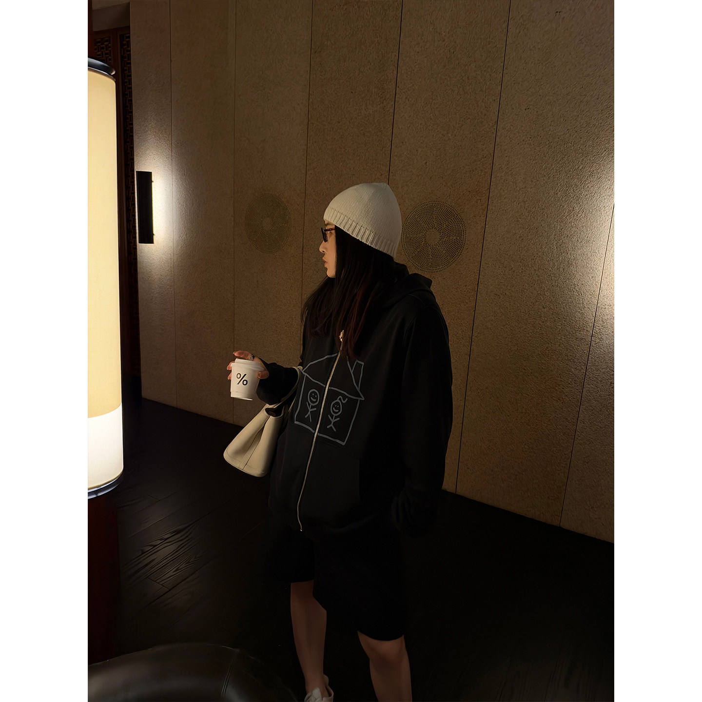 铅笔小鑫大码女装时髦火柴人简笔印花拉链连帽卫衣